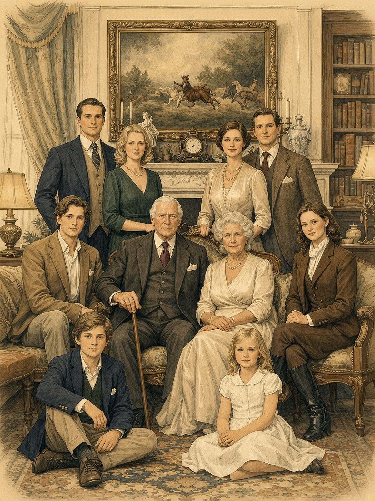 An inked and watercoloured family portrait: grandparents seated in a drawing room, surrounded by their children and grandchildren, before a fireplace and a gilt-framed painting.