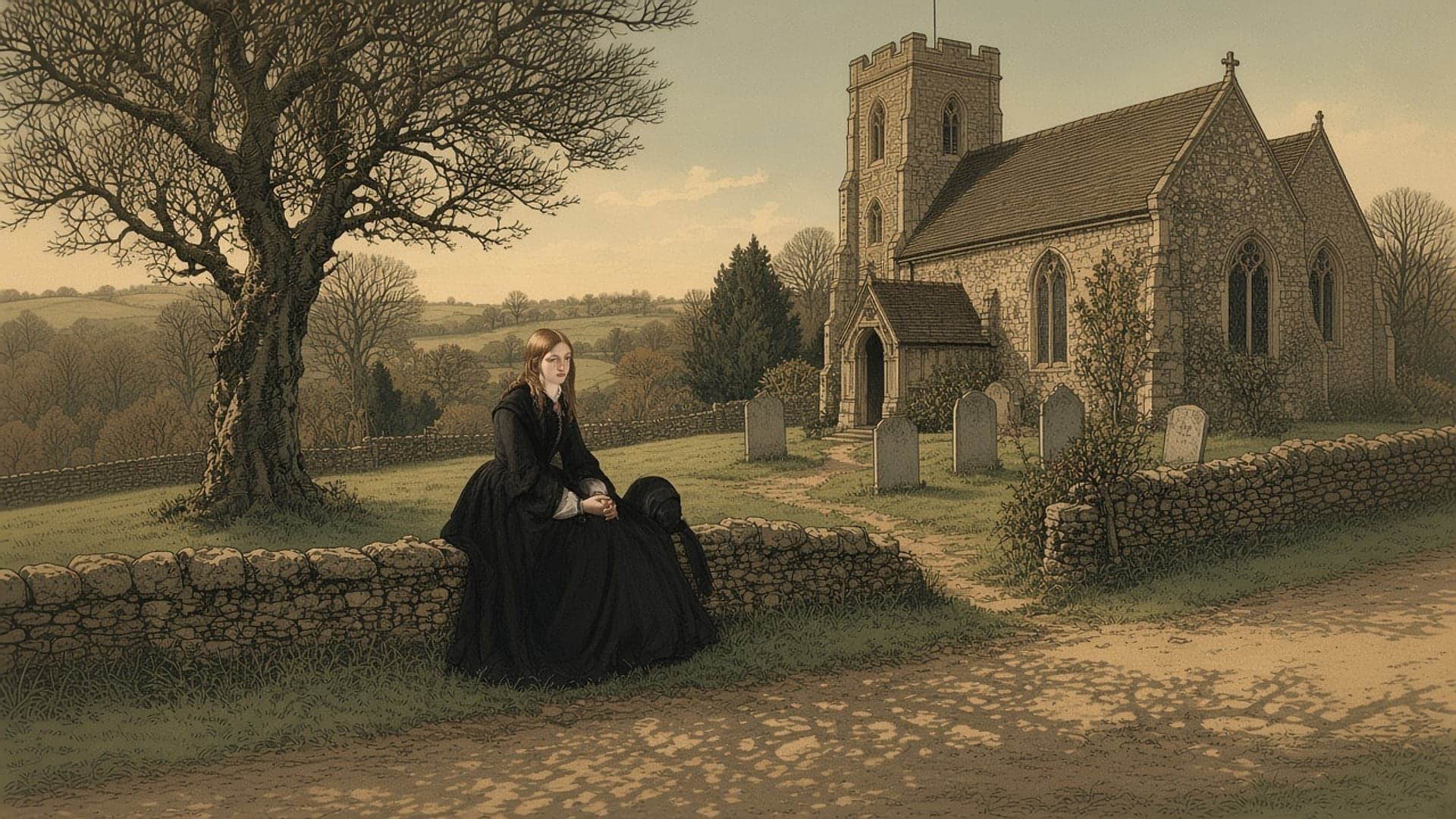 An inked and watercoloured illustration: a young woman in a dark Victorian dress sits on a low stone wall in a sunlit country churchyard.