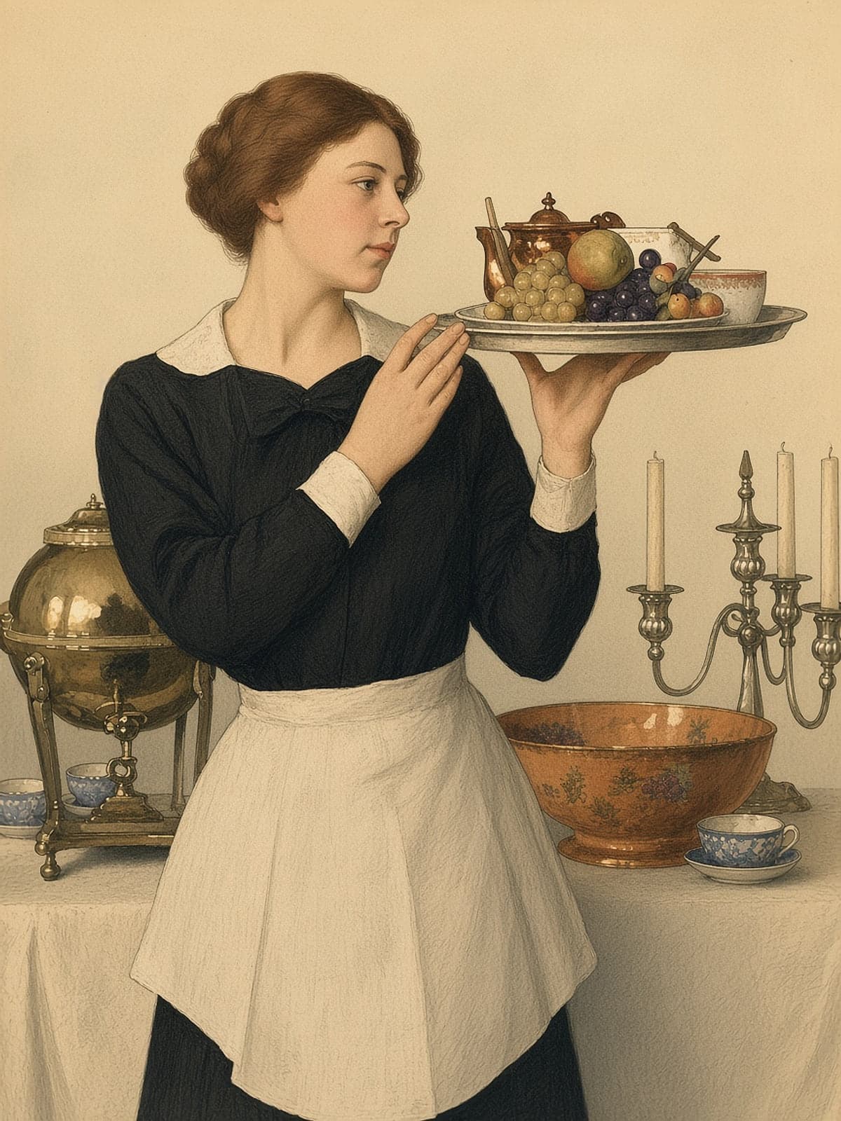 An inked and watercoloured illustration of an Edwardian housemaid in a black dress and pale apron, carrying a silver tray of tea and fruit past a laid side table.